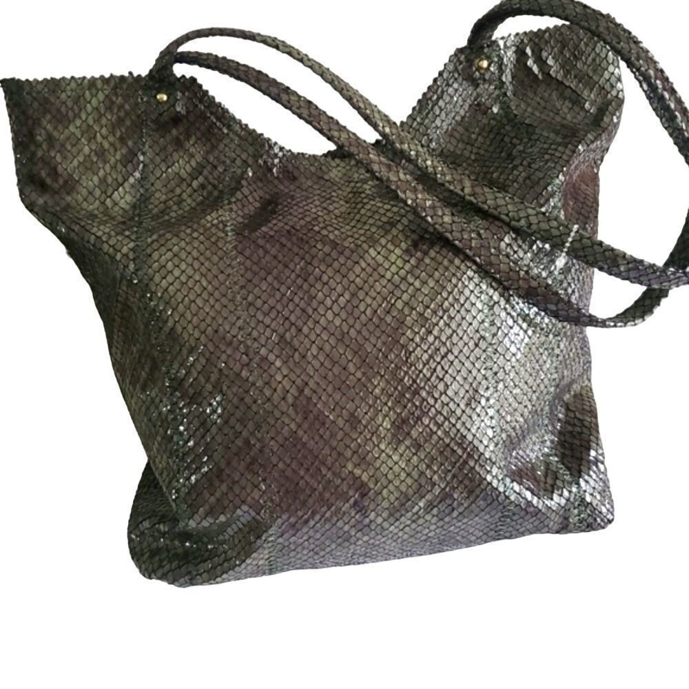 Sondra Roberts Faux Snakeskin Tote‎ Bag Greenish Grey Micro-Scale Print NWOT - Picture 8 of 9